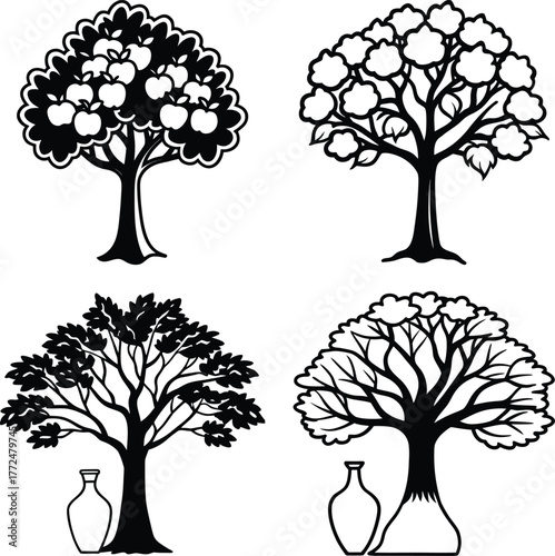 silhouette tree line drawing set, Side view, set of graphics trees elements outline symbol for architecture and landscape design drawing. Vector illustration in stroke fill in white. Tropical
