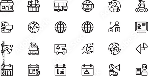 Assortment of Hand Drawn Icons for Business, Travel, and Planning Keywords: shop icon, store icon, building icon, bus icon, truck icon, globe icon, world icon, computer icon, laptop icon, calendar