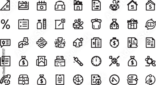Assortment of Business and Finance Icons in Black Outline Style Keywords: business, finance, money, investment, growth, house, real estate, loan, banking, savings, profit, loss, chart, graph