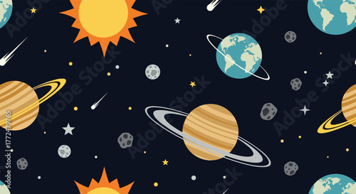 Seamless pattern of celestial bodies including the sun, Earth, Saturn, and various asteroids and stars in deep space.