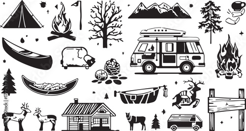 Black and white illustration of outdoor adventure and camping elements tent campfire