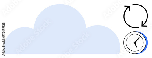 Blue cloud with circular arrows for data synchronization and a clock icon for backup scheduling. Ideal for cloud storage, data security, technology, online storage, scheduling, automation, simple
