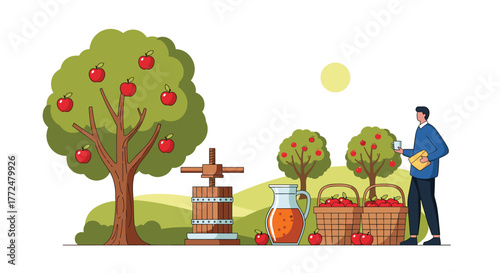 A man observes a vibrant autumn apple orchard with a cider press, bountiful harvest, and fresh juice, depicting the process of cider making.