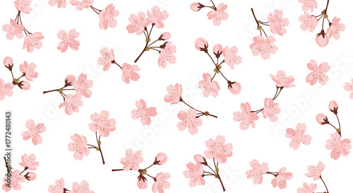 Elegant seamless pattern featuring delicate pink cherry blossoms and buds on branches, scattered across a pristine white background.
