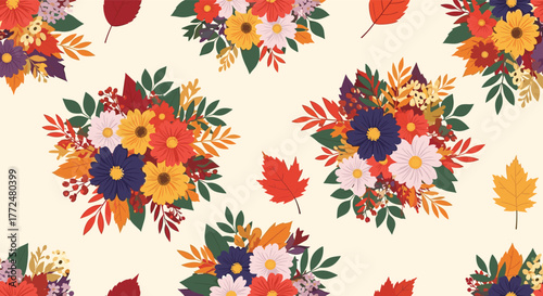 Seamless autumn pattern featuring vibrant bouquets of fall flowers, colorful maple leaves, and berries, creating a festive seasonal background.