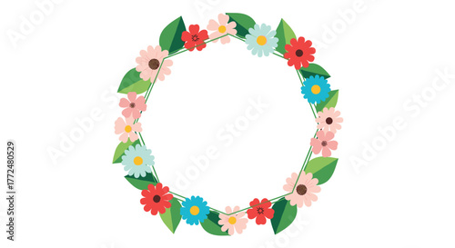 A vibrant floral wreath featuring an array of colorful flowers and lush green leaves, arranged in a distinctive hexagonal frame on a clean white background.