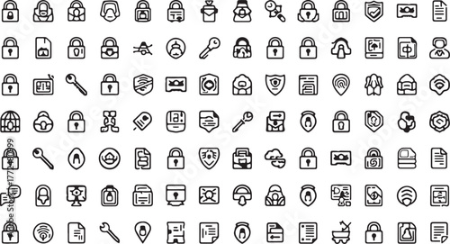 Comprehensive Set of Hand Drawn Icons for Security, Data, and Privacy Keywords: lock icon, padlock icon, shield icon, key icon, document icon, file icon, folder icon, computer icon, laptop icon