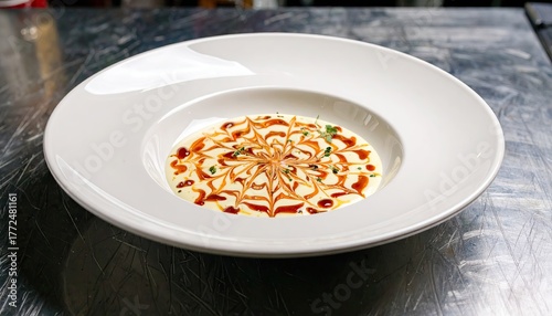 Creamy Dish with Caramel Swirls on White Plate