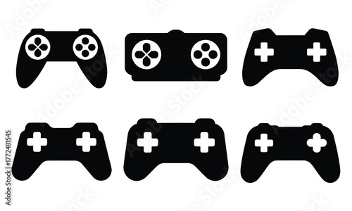 Six black video game controllers with white buttons on white background gamepad joystick