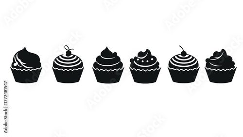 Six black silhouette cupcakes with different frosting designs dessert sweet