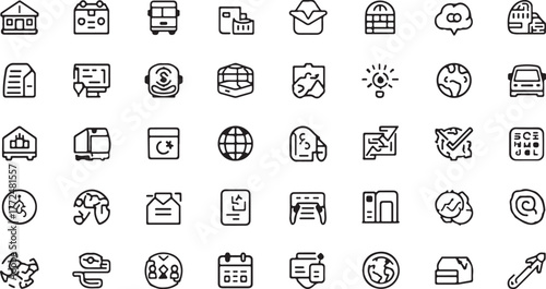 Diverse Set of Hand Drawn Icons for Business, Technology, and Logistics Concepts Keywords: house icon, building icon, bus icon, truck icon, laptop icon, computer icon, document icon, email icon