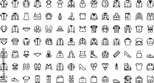 Extensive Collection of Clothing and Fashion Item Icons in Black Outline Style Keywords: clothing, fashion, apparel, garment, shirt, jacket, dress, pants, shorts, skirt, swimwear, underwear, bra
