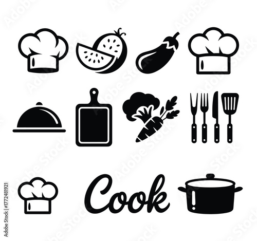 Collection of black cooking icons and the word cook chef hat watermelon