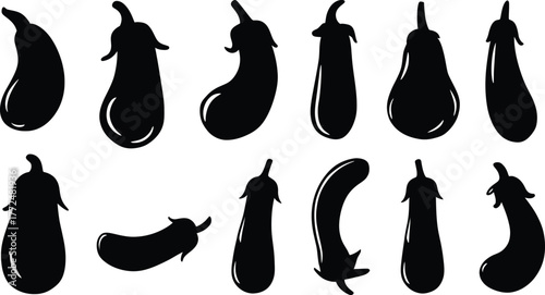 Collection of black eggplant silhouettes on white background aubergine vegetable
