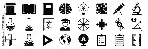 Collection of black science education and research icons on white vector