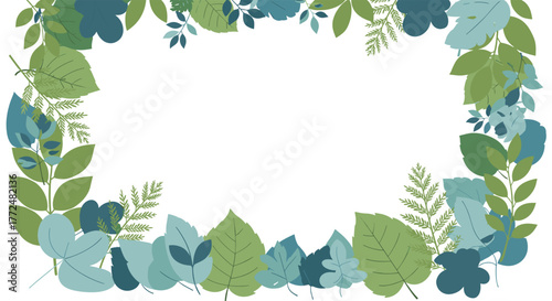 Decorative frame of various green and teal botanical leaves on a white background, perfect for natural themes and designs.