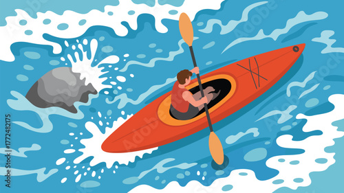 A man kayaking in a red kayak on a body of water with a rock and white water waves around him