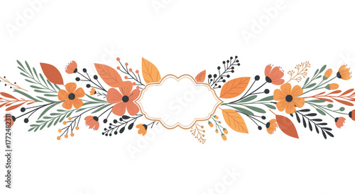 Autumn floral border illustration with a decorative blank frame, featuring warm fall colors and natural elements.