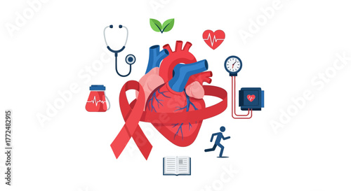 Essential Cardiovascular Health Concept Illustrative Elements for Heart Care, Medical Prevention, and Healthy Lifestyle Awareness