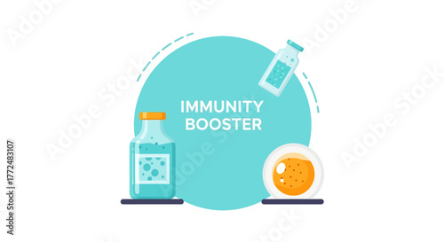 Scientific vector illustration of a health formula with vitamin supplements and medical vials to support the immune system