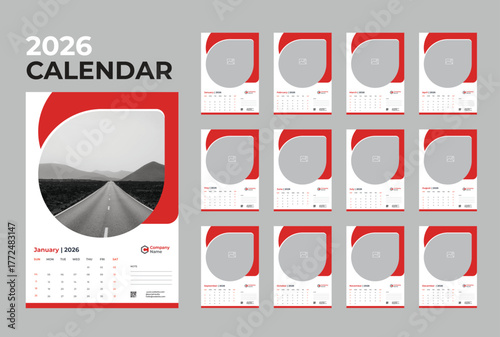 2026 wall calendar. Editable 12-month planner template. Week starts on Monday. Minimal layout for studio, office, or home 