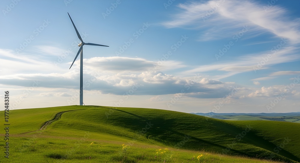 Fototapeta premium Wind Turbine on Rolling Green Hill Under a Blue Sky with Clouds