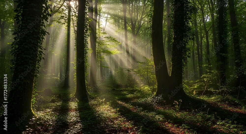 Obraz premium Misty Forest Sunlight Beams