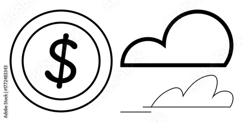 Dollar coin next to abstract cloud shapes. Ideal for finance, wealth, cloud storage, technology, savings, economy, and digital resources. Simple flat metaphor
