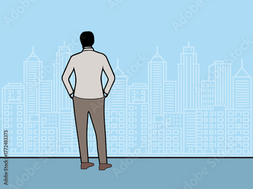 Vector illustration of a businessman standing in an office near a large window, overlooking a modern cityscape, New Possibilities and Success Concept
