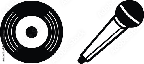 Round black record and upright microphone stand out clearly against a transparent backdrop
