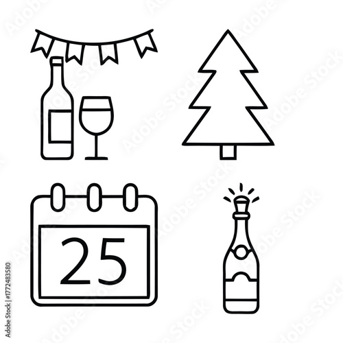 Christmas icons wine tree calendar and champagne