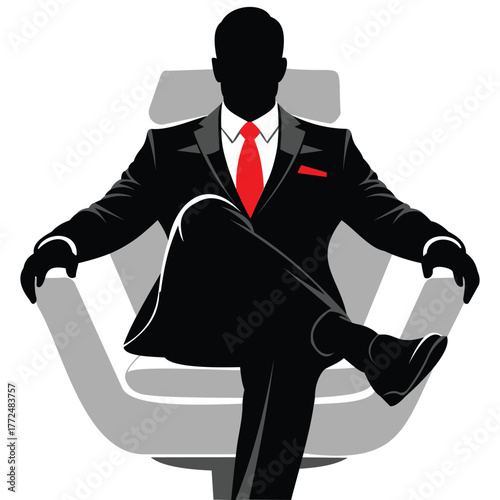 Silhouette of a businessman in a suit and tie sitting in a modern chair, exuding power and success