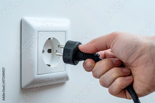 hand insert plug into wet socket. Electric safety warning
