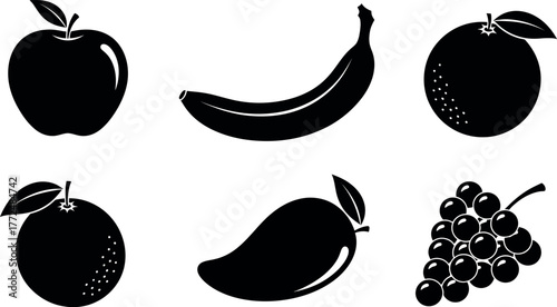 Fotografija Collection of six distinct silhouette fruit icons apple banana mango orange grap