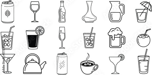 Collection of hand drawn cocktail and beverage icons in a simple line art style