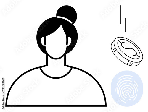 Woman with hair bun, falling coin, and fingerprint symbolize digital identity, money transaction, finance, security. Ideal for fintech, digital economy, privacy technology biometrics