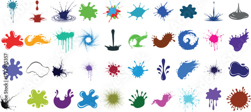 Collection of colorful abstract paint splatters and ink blots in various shapes and sizes