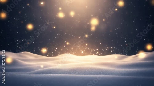 Winter wonderland scene showing snow mounds under a dark sky with falling light particles
