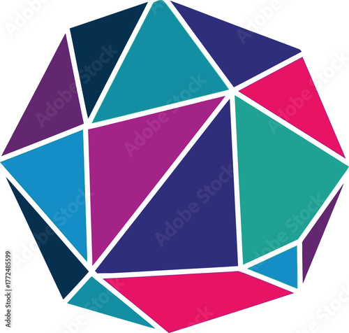 Abstract geometric polyhedron with colorful triangular facets in vibrant shades of blue purple and pink