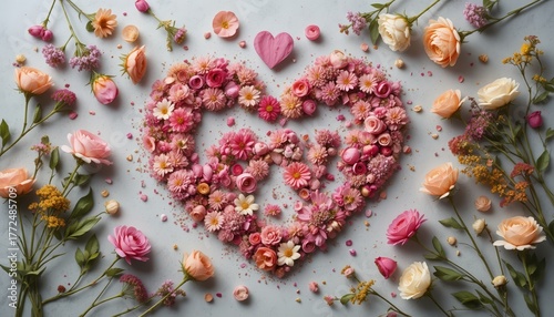 heart-shaped rose petals with flowers arranged. A heart-shaped arrangement of pink and red petals and blossoms, romantic floral composition.