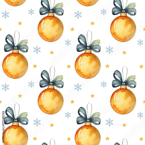 New Year's pattern, texture with red and gold balls, stars, bows, ribbons, snowflakes. for fabric, notebooks, gifts, isolated on white background. Vector.