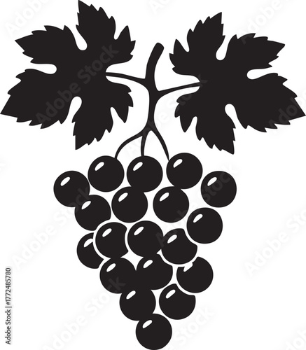 Black silhouette of a ripe grape cluster with leaves isolated on white background silhouette