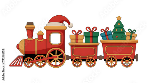 Festive holiday train delivers gifts and cheer, isolated on white background.