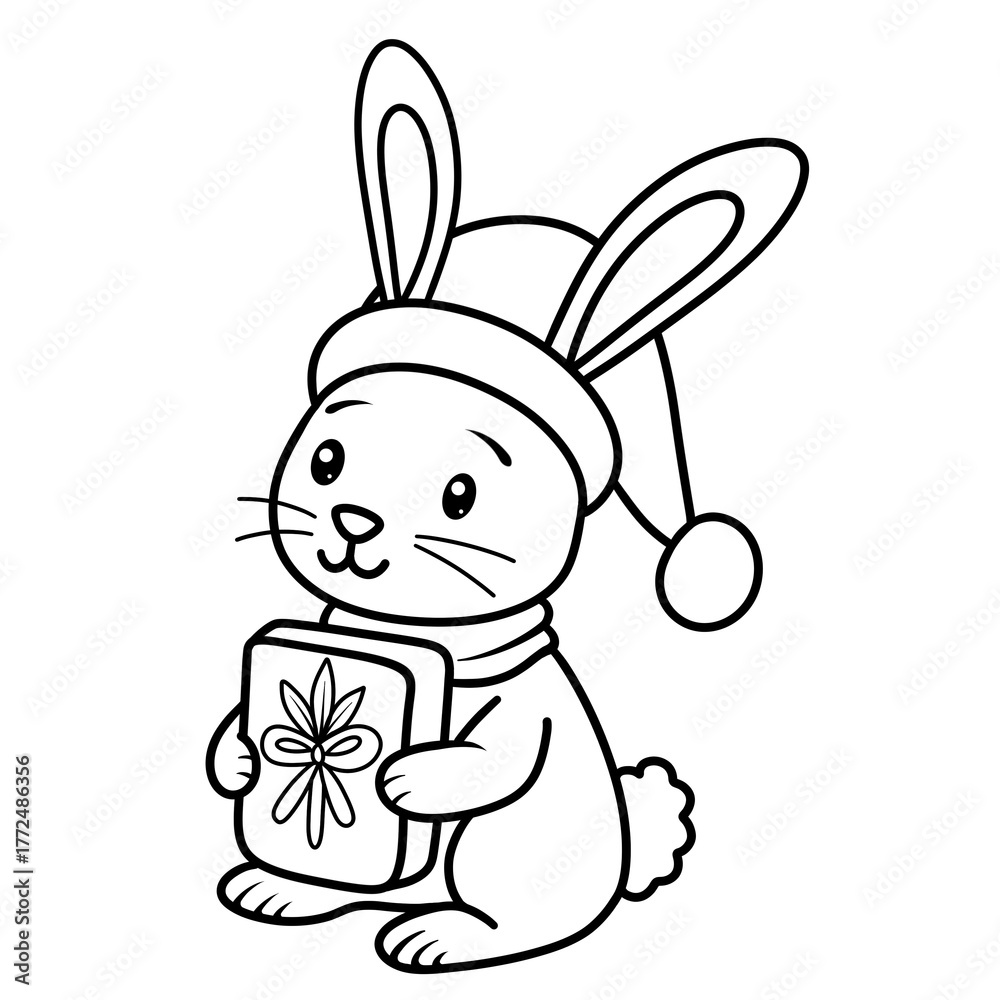 Obraz premium Woodland Animal Christmas black doodle outline. rabbit.