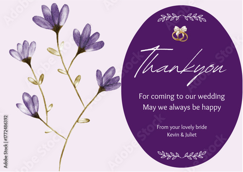 Watercolor Floral Pink and Purple Thankyou Wedding Card