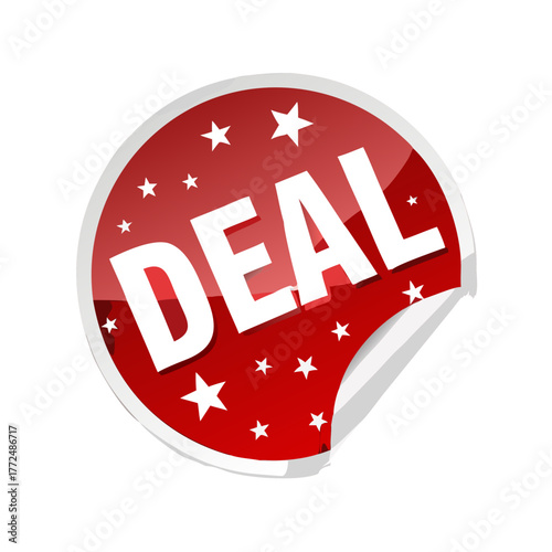 Round red sticker with white DEAL text and small stars, vector, festive sale, promotional discount label