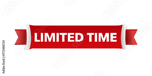 Ribbon-shaped red badge with white LIMITED TIME text, vector illustration, flat sale banner, urgent promo label