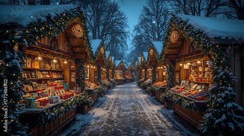 Charming winter street with glowing Christmas shop windows.