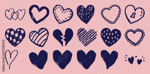 A Collection of Hand-Drawn Hearts in Various Styles on a Pink Background