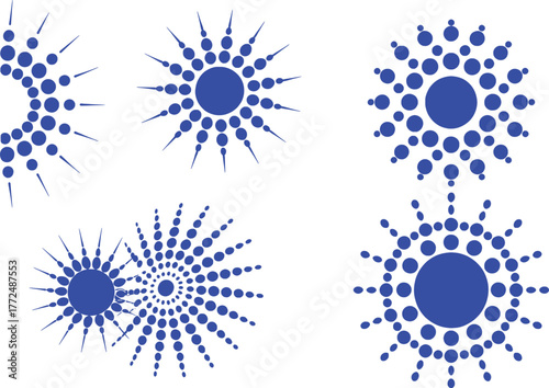 Abstract Blue Sunburst and Starburst Dot Patterns on White Background